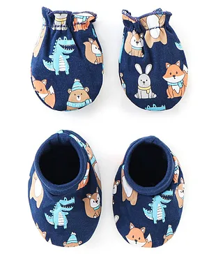 Babyhug 100% Cotton Interlock Knit Mittens And Booties Dino Print - Navy Blue