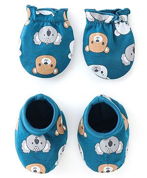 Babyhug 100% Cotton Mittens & Booties Bear Print - Blue