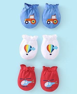 Babyhug 100% Cotton Knit Mittens Car Print Pack Of 3 - Multicolor