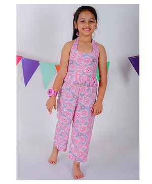 Tiny Bubs Sleeveless Flower  Printed Back Tie Up   Top With Coordinating Pant - Pink