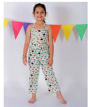 Tiny Bubs Sleeveless Dinosaur  Printed Back Tie Up  Top  With Coordinating Pant -  Off White
