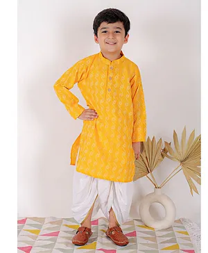 Tiny Bubs Full Sleeves Striped Pattern Kantha Embroidered Kurta & Dhoti - Mustard Yellow