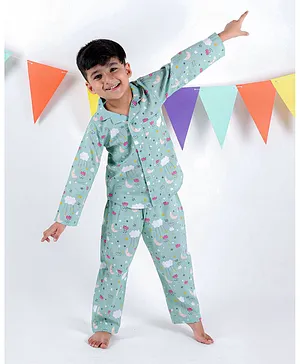 Tiny Bubs Full Sleeves Moon & Clouds Printed  Night Suit - Green