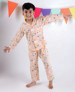 Tiny Bubs Full Sleeves Moon & Clouds Printed  Night Suit - Peach