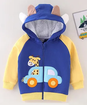 Kookie Kids Full Sleeves Fur Hoodie with Giraffe & Ear Applique - Blue & Yellow