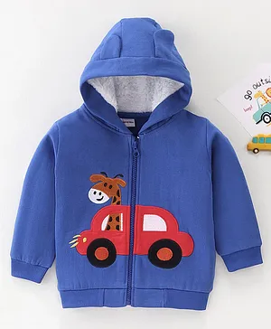 Kookie Kids Fleece Full Sleeves Fur Hooded Sweatjacket with Ear & Giraffe  Applique Detailing- Blue