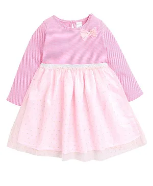 Funshine Full Sleeves Pin Striped Detailed & Bow Applique Flared  Dress - Pink