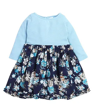 Funshine Full Sleeves Floral Printed Flared Dress - Blue