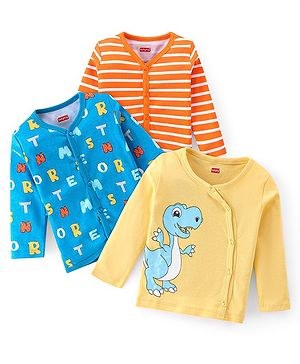Babyhug 100% Cotton Full Sleeves Front Button Antibacterial Vest Dino Print Pack of 3 - Multicolour