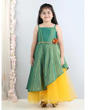 Toy Balloon Sleeveless Beads Embellished & Floral Applique Layered Party Gown - Yellow  Green