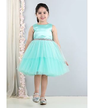 Toy Balloon Kids Sleeveless Beads Embellished Waistband Layered Shimmer Dress -Rama Green