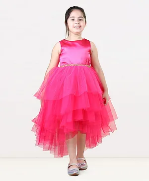 Toy Balloon Sleeveless Beads Embellished Waistband Shimmer & Pearl Detailed Layered High Low Dress -  Pink