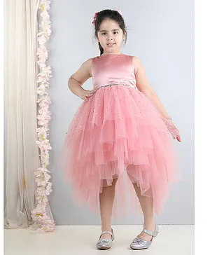Toy Balloon Sleeveless Beads Embellished Waistband Shimmer & Pearl Detailed Layered High Low Dress -  Dusty Rose Pink