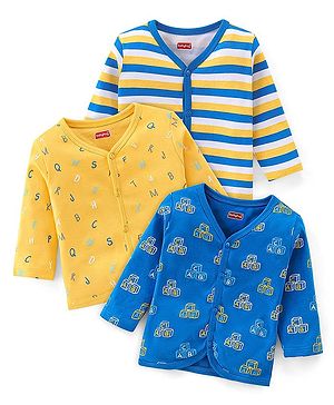 Babyhug 100% Cotton Knit Full Sleeves Striped & Text Printed Antibacterial Vests Pack of 3 - Blue & Yellow