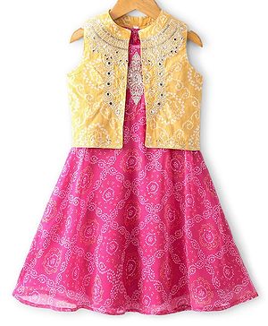 Babyhug Sleeveless Bandhani Printed Long Dress with Embroidered Jacket Set - Yellow & Fuschia