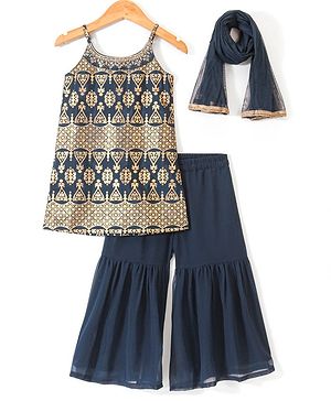 Babyhug Sleeveless Foil Printed Kurti Sharara and Dupatta Set - Navy Blue