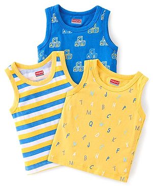 Babyhug 100% Cotton Anti Bacterial Sleeveless Sando With Alphabet Print Pack of 3 - Yellow & Blue