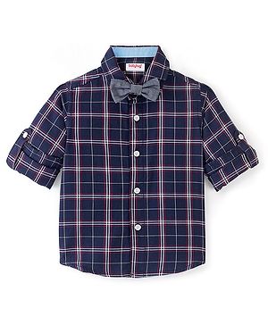 Babyhug Cotton Woven Full Sleeves Shirt Checkered with Bow - Navy Blue