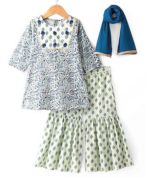 Babyhug Cotton Three Fourth Sleeves Kurta Sharara Set with Dupatta Floral Printed - Blue