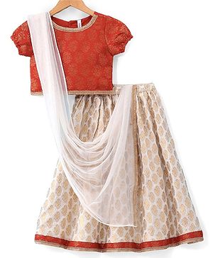 Babyhug Woven Half Sleeve Bocade Pattu Pavada Lehenga Choli and Dupatta Set Ikat Print - Maroon & White