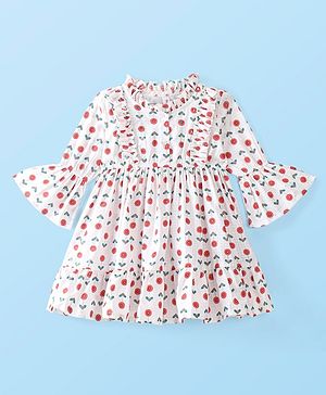 Babyhug 100% Cotton Woven Three Fourth Sleeves Floral Printed Ethnic Dress With Frill Detailing - White