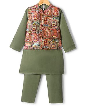 Babyhug 100% Cotton Woven Full Sleeves Kurta & Pyjama Set With Ikat Print Jacket - Green