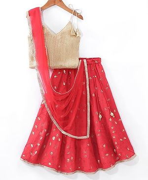 Babyhug Woven Sleeveless Sequenced Choli With Embroidered Lehenga And Dupatta - Red