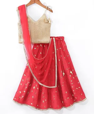 Babyhug Woven Sleeveless Sequenced Choli With Embroidered Lehenga And Dupatta - Red