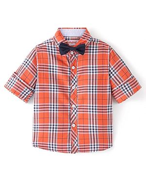 Babyhug Cotton Woven Full Sleeves Shirt Checkered with Bow - Orange
