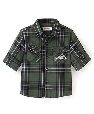 Babyhug 100% Cotton Knit Full Sleeves Shirt Checkered - Olive Green