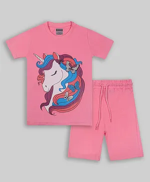 Unicorns Half Sleeves Unicorn Printed Night Suit - Pink