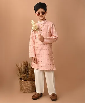 Lilpicks Couture Full Sleeves Graph Checked Design Gota Lace Embellished Kurta & Pyjama - Peach White