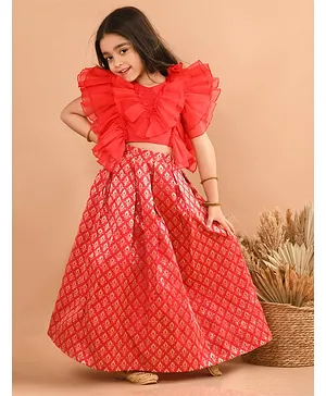 Lilpicks Couture Sleeveless Ruffled Detailed Choli With Brocade Ethnic Floral Motif Printed Flared Lehenga Set - Pink