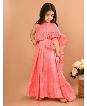Lilpicks Couture Sleeveless Mock Lehenga Style Sequin Motif Embellished Ruffle Hem Detailed Saree Set - Pink