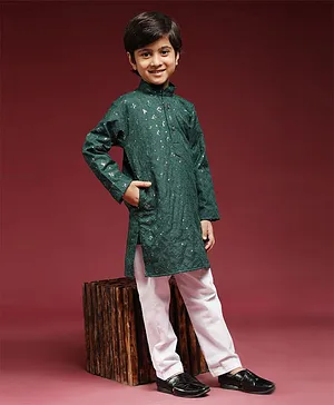 P-MARK Full Sleeves Sequin P-MARK Full Sleeves Sequin Blocks Embellished & Embroidered Traditional Kurta & Pyjama  - Dark Green