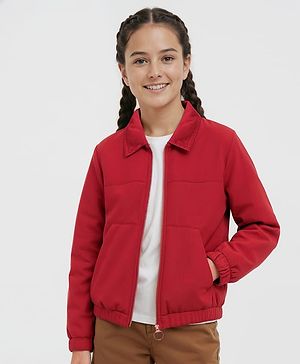 Pine Kids Cotton Full Sleeves Corduroy Bomber Jacket Solid Colour - Red