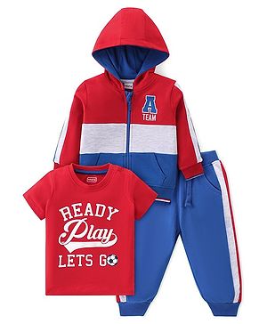 Babyhug Cotton Knit Full Sleeves Hooded Jacket with T-Shirt & Lounge Pant - Blue & Red
