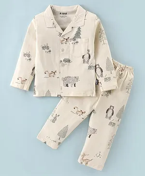 Fido Single Jersey Full Sleeves Bear Printed Night Suit - Cream
