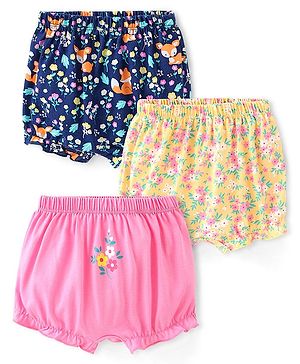 Babyhug 100% Cotton Bloomers Fox & Floral Print Pack of 3- Blue Yellow & Pink