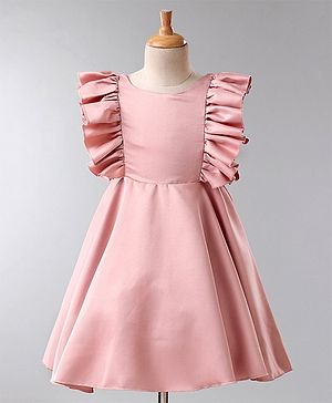 KIDSDEW Cap Frill Sleeves Satin Solid  Yoke Fit & Flare Dress With Cotton Lining - Mauve Pink