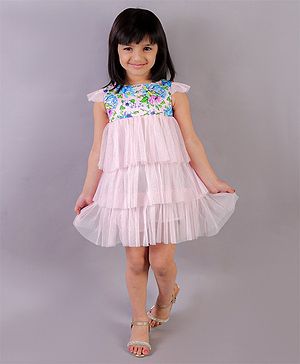 KIDSDEW Cap Sleeves Floral Printed Yoke Layered Fit & Flare Dress With Cotton Lining - Pink