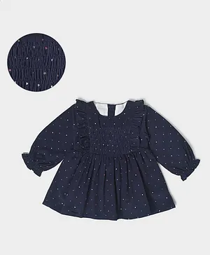 Mi Arcus 80% Cotton 20% Polyester  Full Sleeves Polka Dots Printed Frill Detailed Pre Winter Dress - Navy Blue