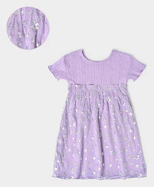Mi Arcus 100% Cotton Net & 100% Polyester Half Sleeves Stars Foil Printed Fit & Flare Dress - Purple