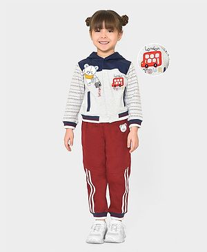 Mi Arcus Full Sleeves Teddy & Vehicle Embroidered Hooded Pre Winter Sweatshirt With Pajama - Blue & Maroon