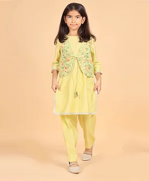 misbis Rangila Silk Full Sleeves Lace Embellished Kurta & Salwar With Seamless Embroidered & Sequin Detailed Jacket - Yellow