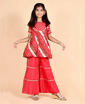 misbis Half Sleeves Bandhej Designed & Leheriya Kurta With Gota Lace Embellished Sharara - Red