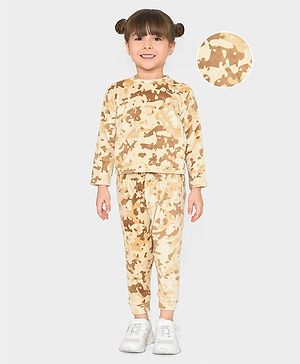 Mi Arcus Full Sleeves Camouflage Printed Coordinating Sweatshirt & Pajama Set - Cream