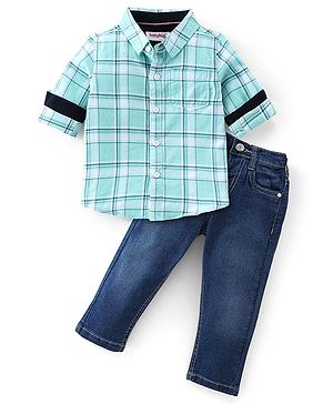 Babyhug 100% Cotton Knit Full Sleeves Shirt & Jeans Checkered -  Blue