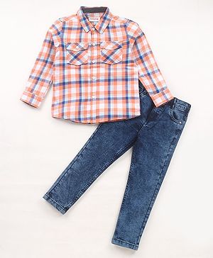Babyhug Full Sleeves Checkered Shirt & Jeans - Multicolor & Blue
