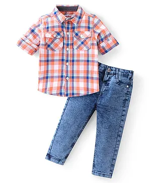 Babyhug Full Sleeves Checkered Shirt & Jeans - Multicolor & Blue